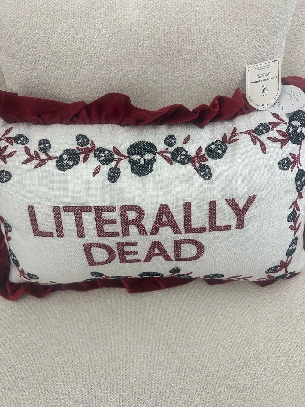 Literally Dead Skull Floral Ruffle Decorative Pillow 12x20 Gothic Halloween - Picture 3 of 6